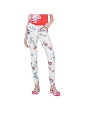 Desigual whimsical white floral cotton embroidered bohemian jean pant size EU 44